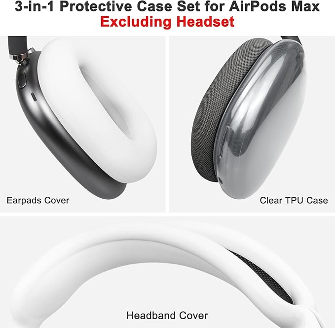 SOULWIT Protective Kit for AirPods Max, Headband Cover + TPU Case Protector + Silicone Ear Pads Cover, Sweatproof Accessory, Easily Washable, Anti-Scratch (White)