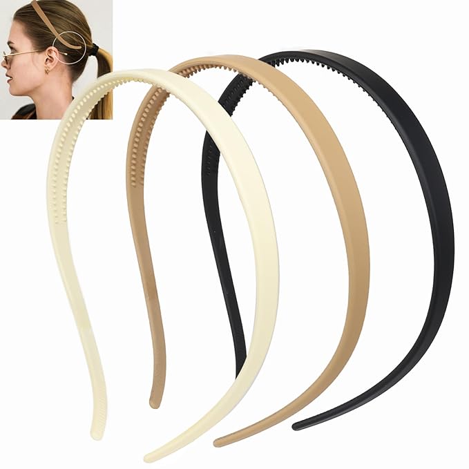 3 Pcs Flex No Pressure Headbands for Women Glasses Wearers - Comfortable Thin Plastic Headbands with Teeth (White, Khaki, Black)
