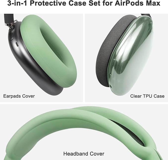 SOULWIT Protective Kit for AirPods Max, Headband Cover + TPU Case Protector + Silicone Ear Pads Cover, Sweatproof Accessory, Easily Washable, Anti-Scratch (Green)