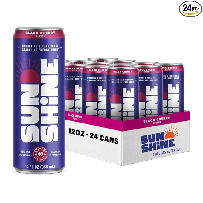 Sunshine Sparkling Energy Drink, Black Cherry with Daily Essential Vitamins, 360mg of Electrolytes, 70mg of Natural Caffeine, 12 Fl Oz (Pack of 24)