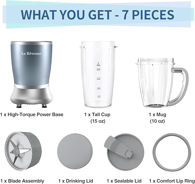 La Reveuse Personal Size Blender 250 Watts Power for Shakes Smoothies Seasonings Sauces with 1 Piece 15 oz Cup,1 Piece 10 oz Mug,BPA-free (Pearl Blue)