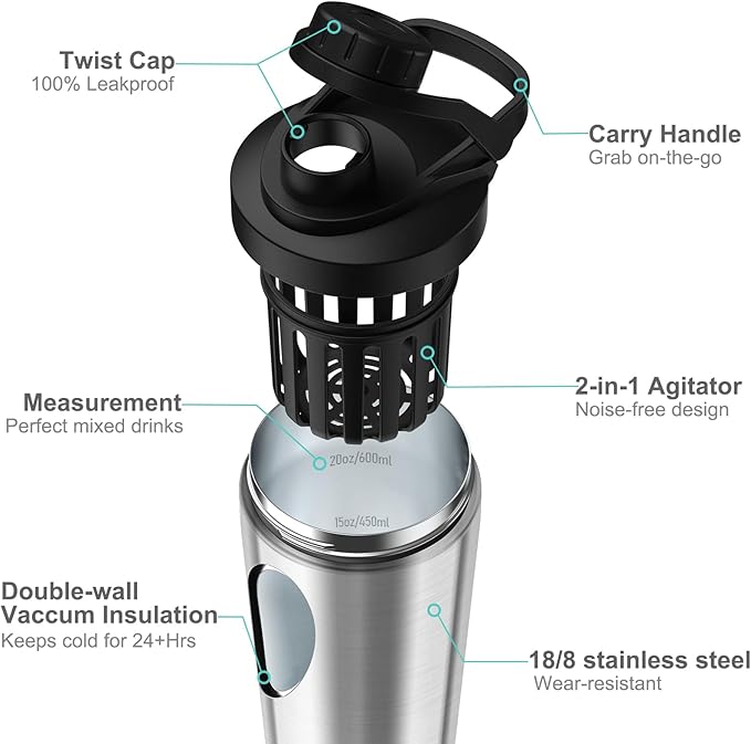 Stainless Steel Shaker Bottle with Noise-Free Design - Patented 24 oz Insulated Metal Shakers Bottles Cup for Protein Mixes and Pre Workout 100% Leak Proof (Steel)