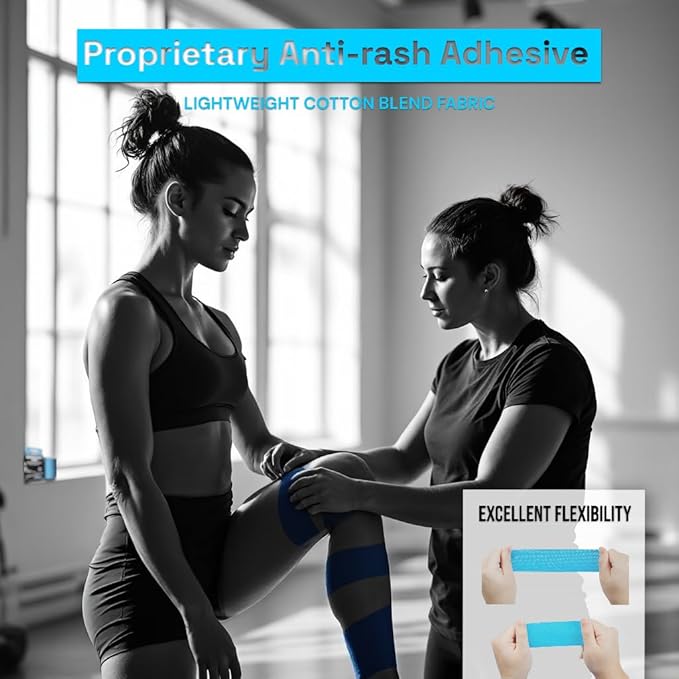 JLB Kinesiology Tape – 2 Rolls (16ft Each) – Strong Adhesion, Waterproof & Sweatproof – Latex-Free Sports Tape for Pain Relief, Muscle Support & Recovery – Physical Therapy & Athletic Tape (Blue)