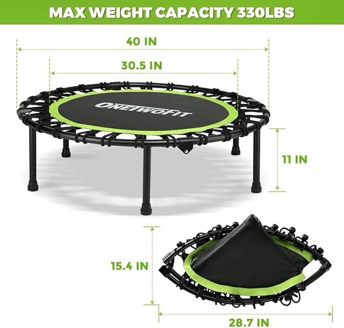 ONETWOFIT Foldable Rebounder Trampoline for Adults, 40/42/45” Mini Fitness Trampoline W/Adjustable Foam Handle Bungees, Quiet Exercise Trampoline for Personal Indoor Workout
