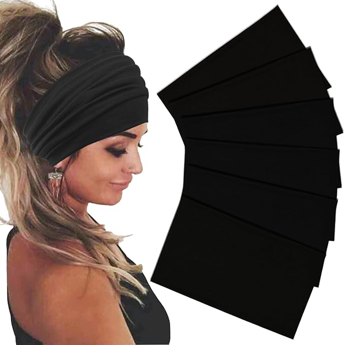 Wide Headbands For Women Stretch Headband Boho Head Bands Women's Hair Band Turban Workout Hairband Accessories Black 6 Pack
