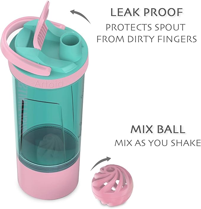 Artoid Mode Inspirational Fitness Workout Sports Protein Shaker Bottle 24-Ounce, Dual Mixing Technology with Shaker Balls & Mixing Grids Included, Twist and Lock Protein Box Storage Included