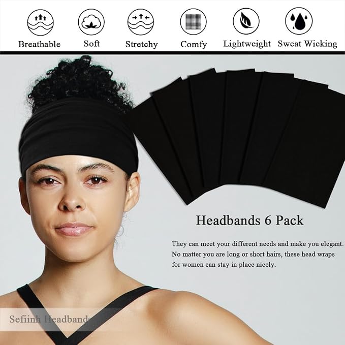 Wide Headbands For Women Stretch Headband Boho Head Bands Women's Hair Band Turban Workout Hairband Accessories Black 6 Pack