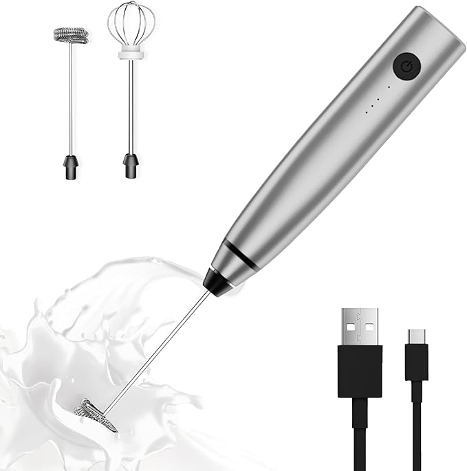Milk Frother Rechargeable Handheld Electric Whisk Coffee Frother Mixer with 2 Stainless whisks 3 Speed Adjustable Foam Maker Blender for Coffee Matcha Latte Cappuccino Hot Chocolate(Gray)
