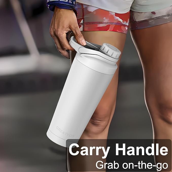 Stainless Steel Shaker Bottle with Noise-Free Design - Patented 24 oz Insulated Metal Shakers Bottles Cup for Protein Mixes and Pre Workout 100% Leak Proof (White)