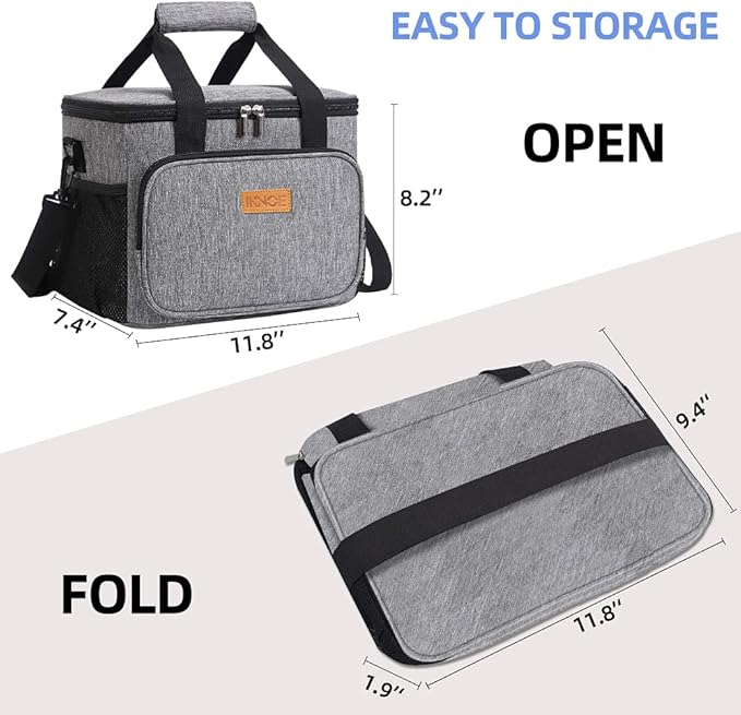 iknoe Thickened Lunch Bag - Soft Coolers Insulated, Leak Proof Tote with Zippered Top - Great for Work, Picnic, Beach - 18-Can Capacity, Grey