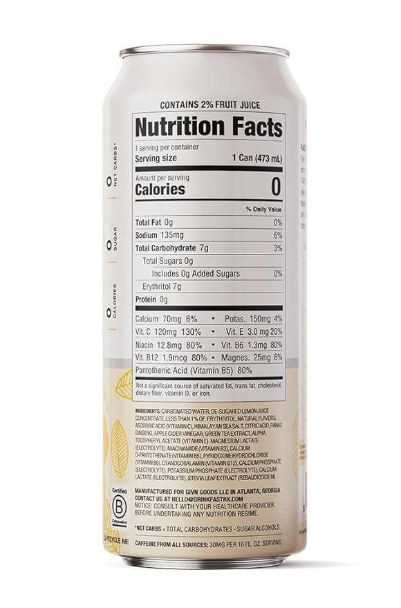 FASTRX Meyer Lemon Sparkling Fasting Electrolyte Drink – Hunger Suppressant, Includes Essential Electrolytes and Vitamins, De-Sugared Lemon Juice – Zero Sugar, 16 Fl Oz, Pack of 12