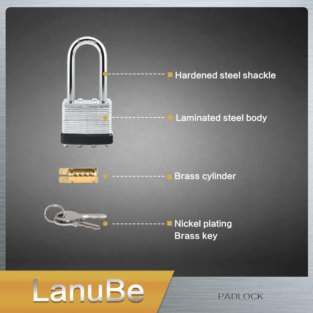 LanuBe Lock Laminated keyed Padlock (1-9/16", 40mm), keyed Alike Locks, Long Shackle,Marked Black Plastic Hoop, Pack of 12