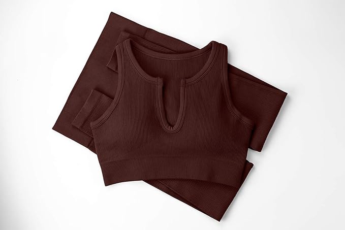 QINSEN Workout Outfits for Women 2 Piece Ribbed Seamless Crop Tank High Waist Yoga Leggings Sets