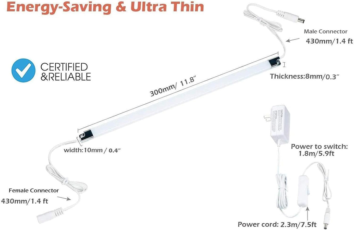 Led Light Strips Kit, (6) 12’’ Linkable Light Bars + Rocker Switch + UL Power Adapter, Under Cabinet Lighting for Locker Closet Shelf, Showcase Lighting, 6000K Cool White