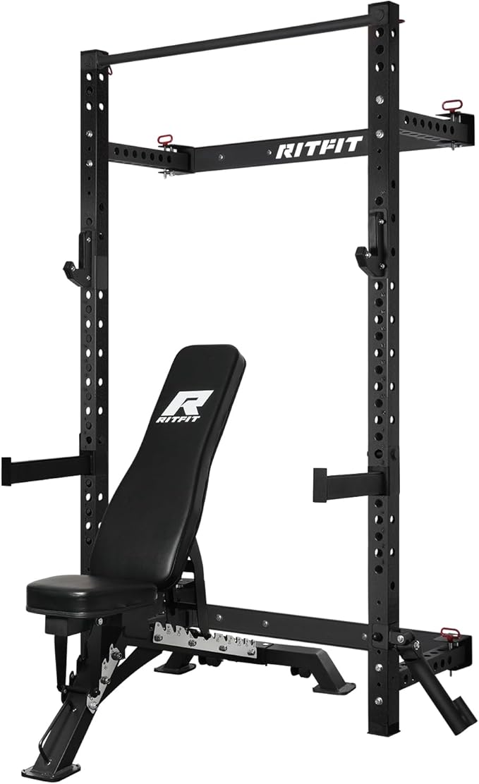 RitFit Multi-Functional Folding Squat Rack for Home Gym, 2.36'' x 2.36'' Wall Mounted Squat Rack with Attachments - Space Saving Squat Power Rack