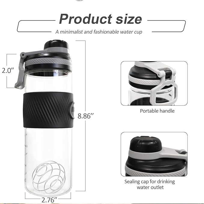 Shaker Bottle for Protein Mixes-protein shaker bottle- for super creamy fitness protein shakes,shaker cups for protein shakes 650ml/23oz - Durable, leak-proof(Black)