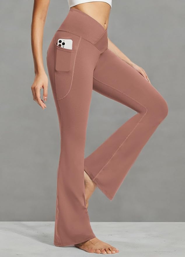 baleaf Women's V Crossover Flare Leggings with Pockets Yoga Pants High Waist Casual Workout Gym Bell Bottom Leggings