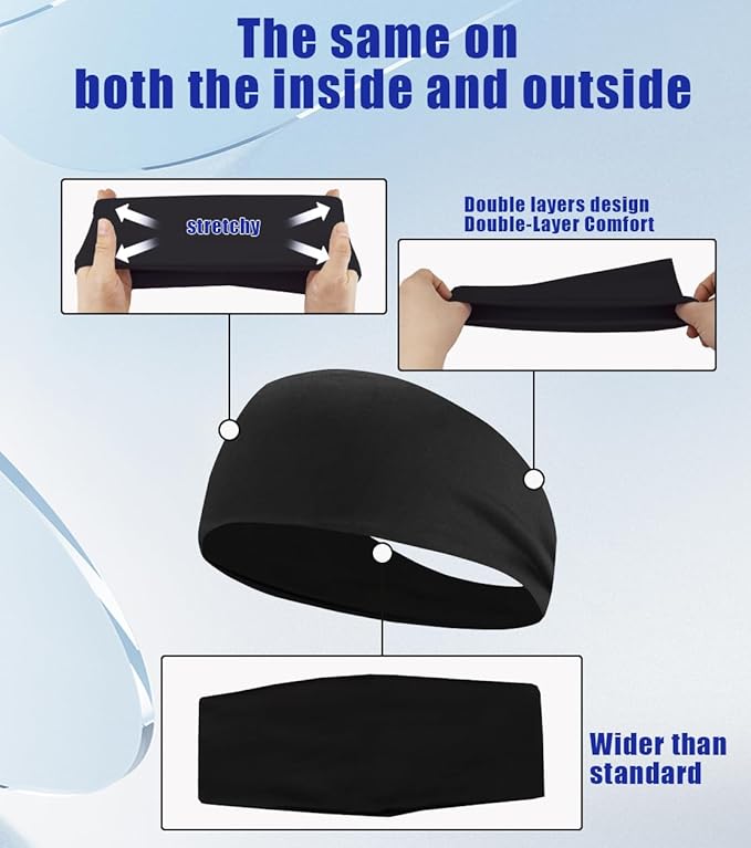 Sport Sweatbands for Men and Womem, 4 Pack, Double-Layer Workout Headbands, Sweat Wicking Hairbands for Fitness Running Football