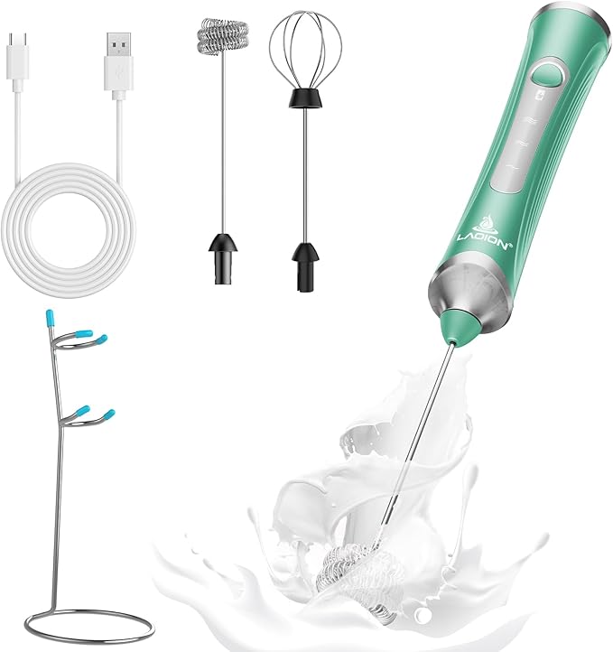 Rechargeable Frother Wand with Stand, Milk Frother with Detachable Stainless Steel Double Rings Whisk, 3-Speed Handheld Electric Drink Mixer for Lattes, Cappuccino, Coffee (Green)