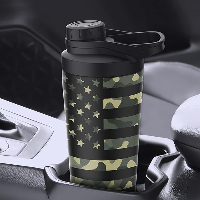 Stainless Steel Shaker Bottle with Noise-Free Design - Patented 24 oz Insulated Metal Shakers Bottles Cup for Protein Mixes and Pre Workout 100% Leak Proof (Camouflage Flag)