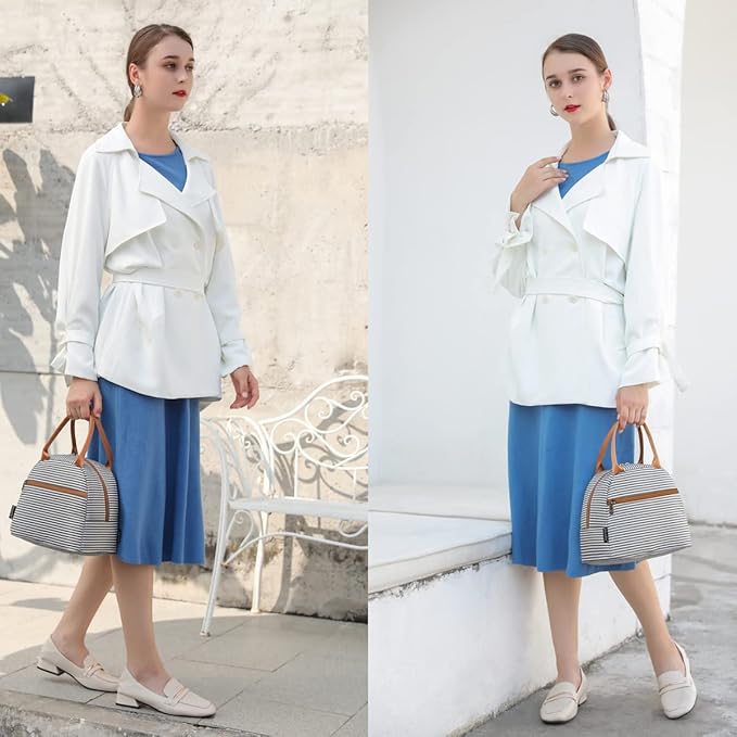 FlowFly Insulated Lunch Cooler Bag - Tote Bag Organizer for Women/Men, White&Black Stripe