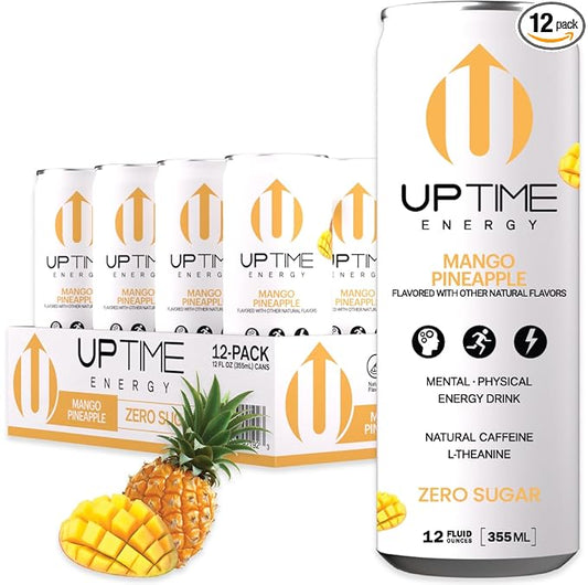 UPTIME Energy Drink, Mango Pineapple, 12 Pack, Vitamin C, L Theanine, Calcium, Sugar Free Energy Drinks for Focus Support, 142mg of Natural Caffeine, 5 Calories, Clean, Natural, Non GMO, 12 fl oz Cans