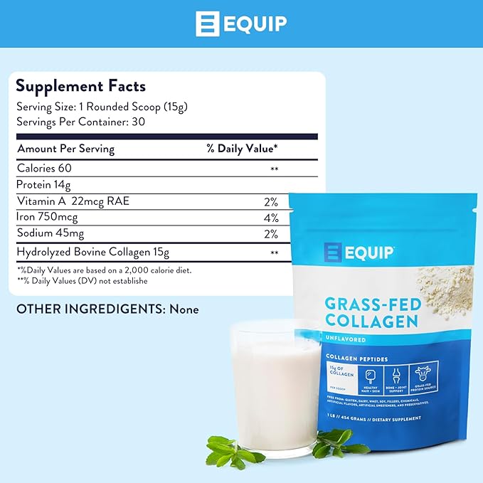 Equip Foods Grass Fed Collagen Powder | Hydrolyzed Bovine Collagen Peptides with Amino Acids | Prime Beef Collagen for Healthy Joints, Skin & Nails | Non-GMO, Paleo Friendly | 30 Servings, Unflavored