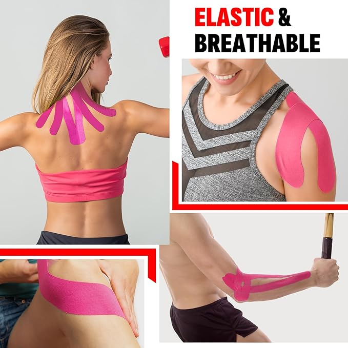 60PCS Precut Kinesiology Tape Strips, 2 inch x 10 inch Athletic Tape, Kinetic Tape, Elastic Muscle Tape, Sports Tape, Knee Tape for Exercise and Daily Use - Rose Red