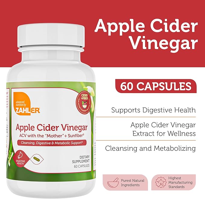 Zahler Apple Cider Vinegar Capsules with Fiber Supplement - Cleansing, Digestive and Metabolic Support - Healthy Diet and Appetite - Kosher Apple Cider Vinegar Pills - Non GMO ACV Capsules - 60 Count