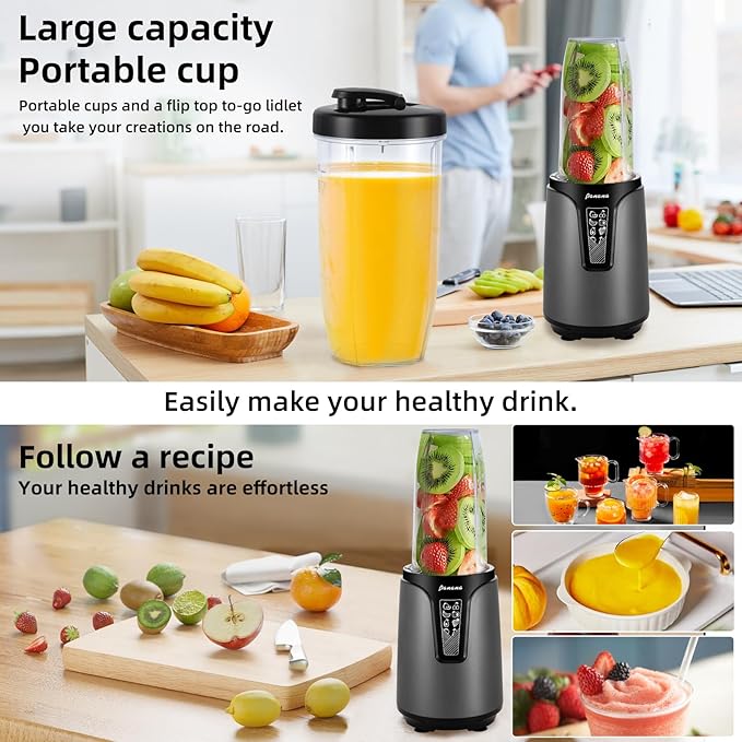 Panana Blender for Smoothies, 850W Portable Personal Blender and Grinder Combo with 2x20oz Portable Smoothie Cups with To-Go Lids 6.8oz Coffee Cup,Stainless Steel