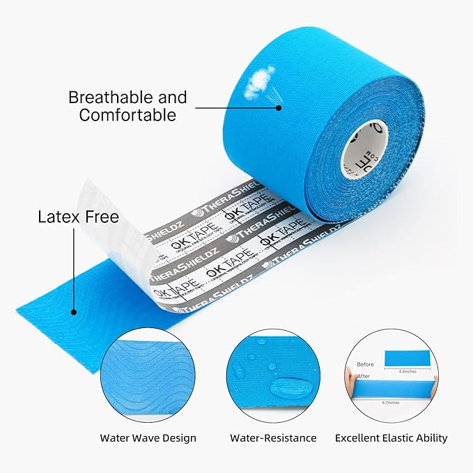 OK TAPE Regular Original Cotton Kinesiology Tape (2 Pack), Elastic Water Resistant Therapeutic Athletic Tape, Latex Free, Injury Recovery, Uncut K Tape 2in×16.4ft - Light Blue