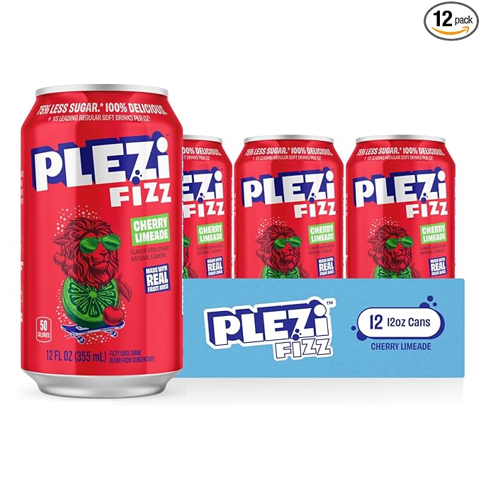 PLEZi FiZZ Cherry Limeade Sparkling Juice - Healthy Soda Alternative with Real Fruit Juice, No Added Sugar - Low Sugar Sparkling Drink - Good Source of Fiber, 12 Fl Oz (12 Pack)