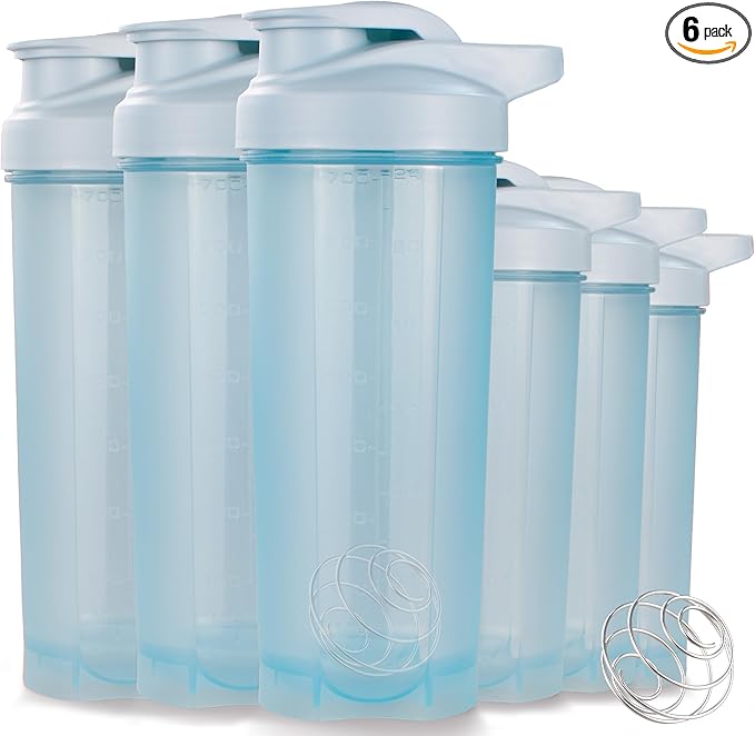 ShakerZoo-6 Pack-Protein Shaker Bottles for Protein Mixes, Shaker Cups for Protein Shakes, 3 pcs 24 ounce and 3 pcs 20 ounce (Blue)