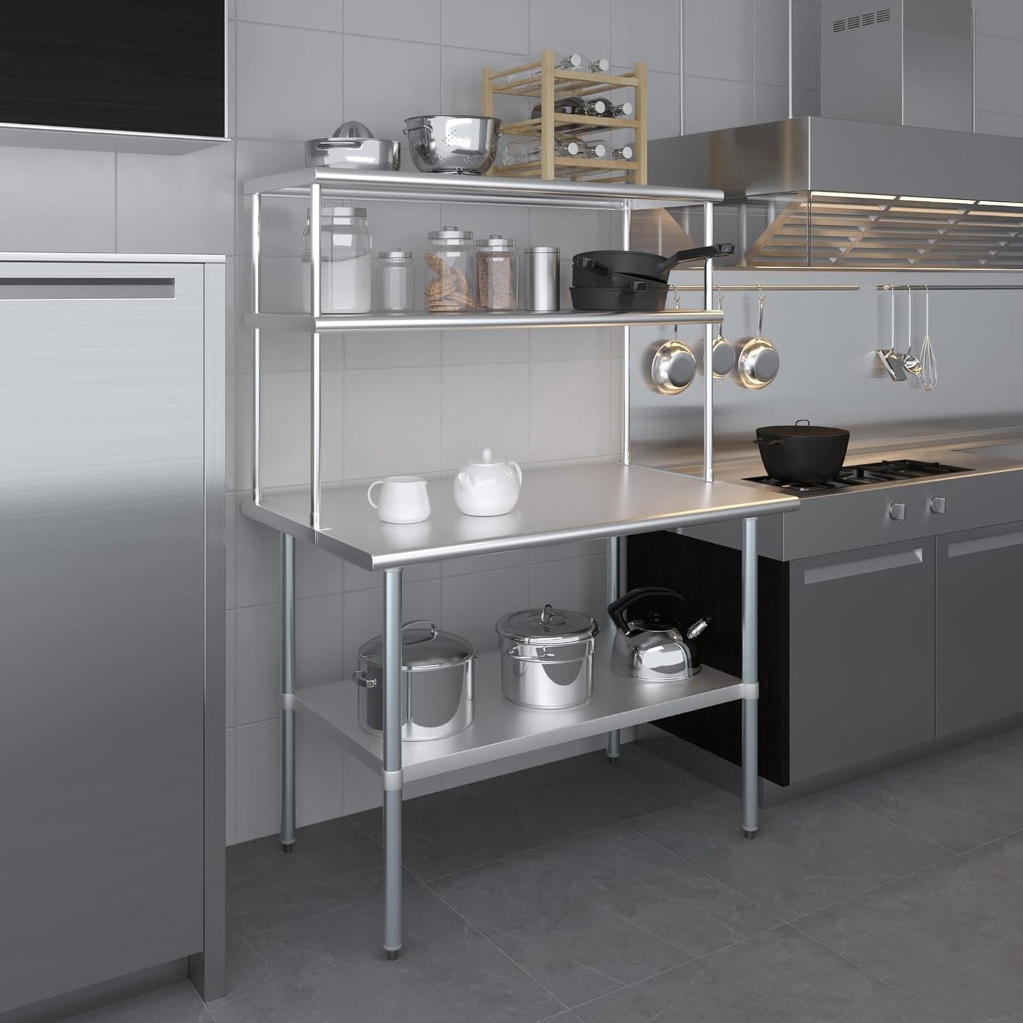 Amgood Stainless Steel Work Table Double Tier Overshelf | 30" x 48" Work Table + 18" Overshelf