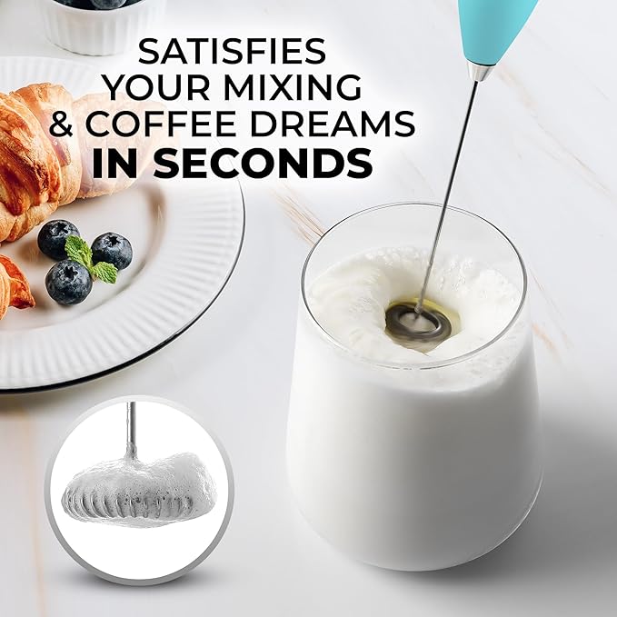 Zulay Powerful Milk Frother for Coffee with Upgraded Titanium Motor - Handheld Frother Electric Whisk, Milk Foamer, Mini Mixer & Coffee Blender Frother for Frappe, Latte, Matcha, No Stand - Aqua