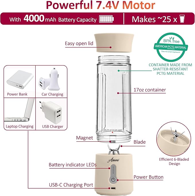 Asani Portable Blender for Shakes and Smoothies, USB Rechargeable Personal Blender, Mini Blender, Strong Stainless-Steel Blades, & Powerful Motor, For Travel, Camping, Gym (Milk White)
