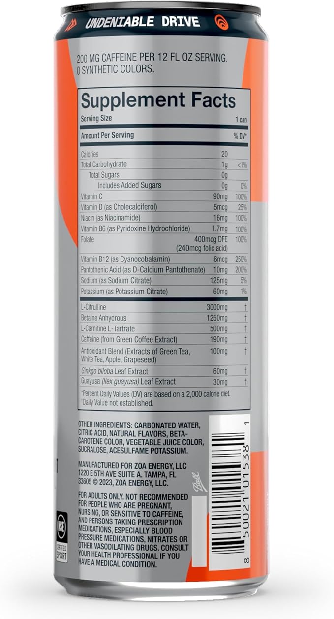 ZOA+ Pre-Workout Energy Drink Supplement - NSF Certified for Sport with Zero Sugar, Nitric Oxide Support, B & D Vitamins, Amino Acids, and Electrolytes (Orange Grapefruit)