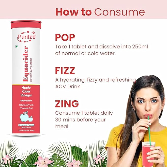 PURITEO-EQUACIDER Apple Cider Vinegar Effervescent Tablets with The Mother, Vegan, No Added Sugar, Non-GMO & Gluten-Free Tablet - (60 Tablets, Pack of 4)