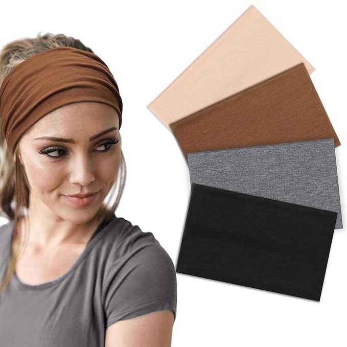DRESHOW Wide Headbands for Women Elastic Turban Hair Bands Boho Head Bands for Women's Hair Non-Slip Yoga Workout Hairband Girls Accessories 4 Pack