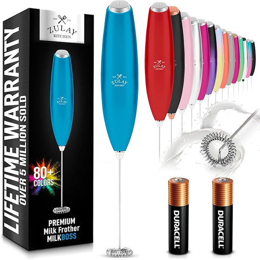 Zulay Kitchen Milk Frother Wand - Handheld Electric Coffee Frother (2 Duracell Batteries Included) - Easy-Clean Wand & Drink Mixer - Metallic Blue