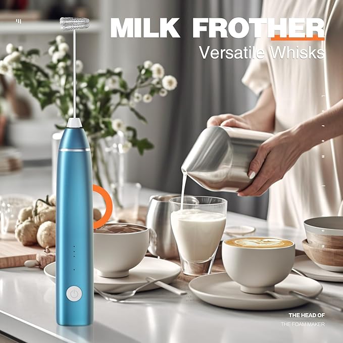 Milk Frother Rechargeable Handheld Electric Whisk Coffee Frother Mixer with 2 Stainless whisks 3 Speed Adjustable Foam Maker Blender for Coffee Matcha Latte Cappuccino Hot Chocolate(C-Blue)