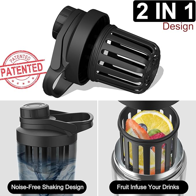 Stainless Steel Shaker Bottle with Noise-Free Design - Patented 24 oz Insulated Metal Shakers Bottles Cup for Protein Mixes and Pre Workout 100% Leak Proof (Steel)