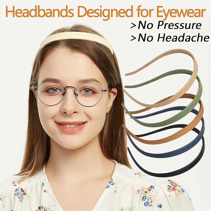 6 Pcs Comfortable Flex No Pressure Headbands for Women Glasses Wearers - Thin Plastic Headbands with Teeth - Matte Finish