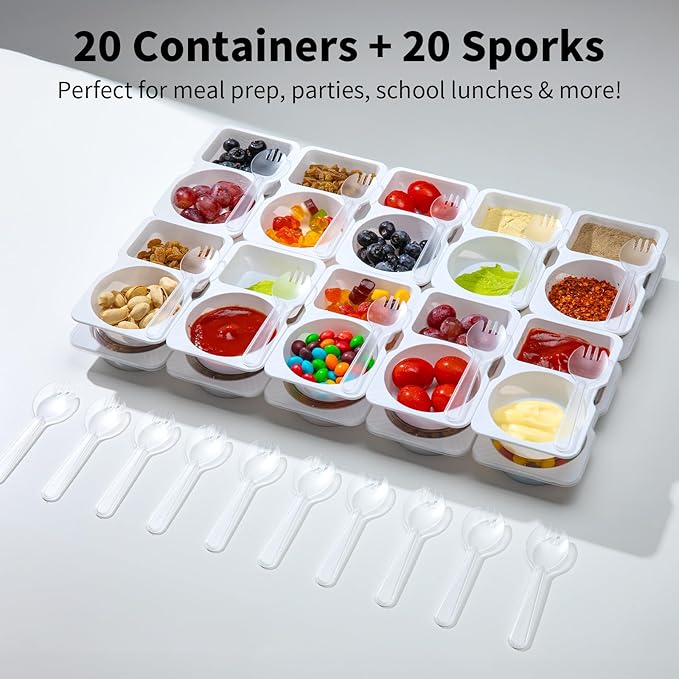 20 Sets Reusable Snack Containers with Lids & 20 Sporks – Double Compartment for Portion Control, BPA-Free Leak-Proof Dipping Containers for Meal Prep, Travel, and Outdoor Snacks (White)
