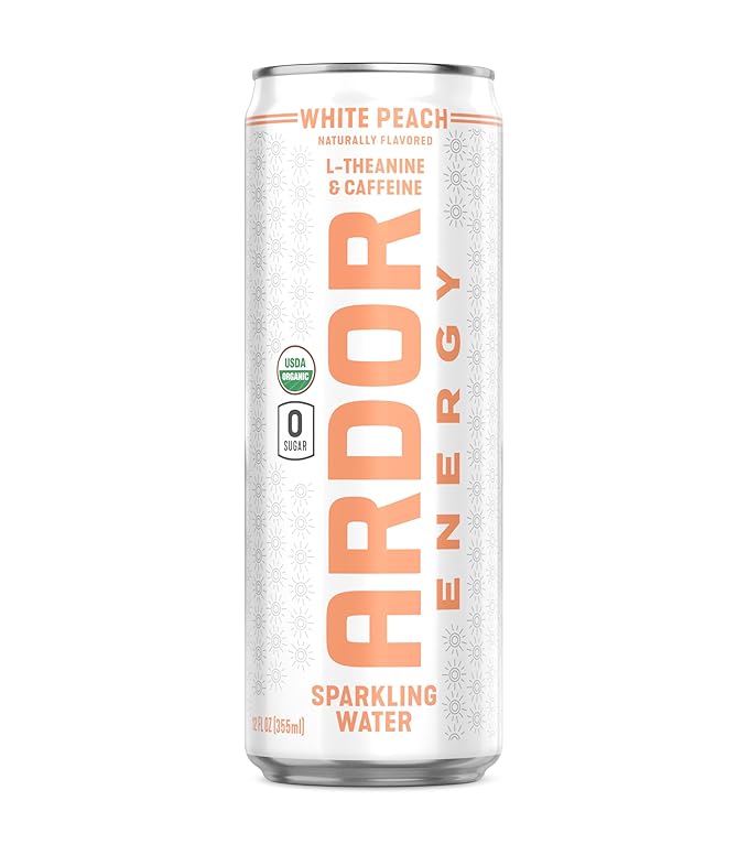 ARDOR ENERGY Sparkling Water with 100mg Natural Caffeine & 200mg L-Theanine from Organic Green Tea for Smooth Energy & Focus | Healthy Energy Drink | No Sugar, Zero Calories, Vegan, Gluten-Free | White Peach (Pack of 12, 12oz cans)