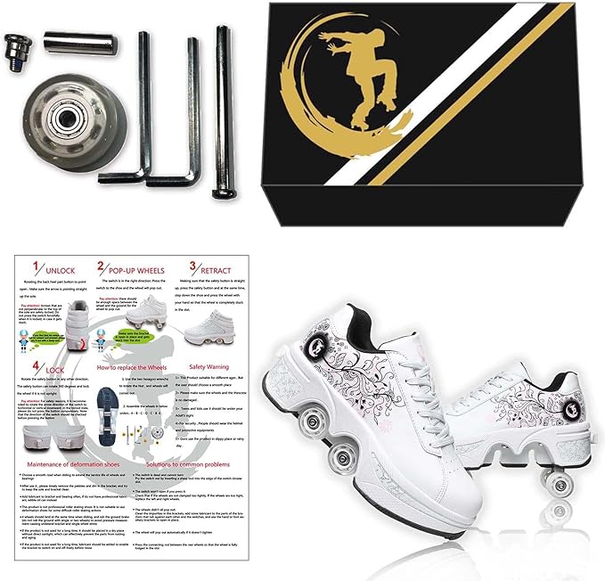 Roller Skate Shoes for Women Four Rounds Children's Roller Skates Shoes That Turn into Rollerskates Sneakers Outdoor Light Shoes with Wheels for Girls/Boys