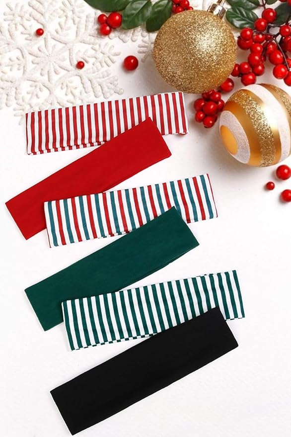 TERSE Christmas Headbands for Women - Short Hair Striped Non Slip Elastic Sweat Bands - Soft Fabric - Workout Yoga Running Sport Christmas Accessories