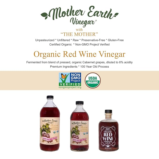 Mother Earth, Organic Red Wine Vinegar with The Mother, Fresh Pressed Organic Cabernet Grapes, ORWV, RWV, Raw, Unpasteurized, Unfiltered (1/14oz Apothecary Glass Bottle with Pour Spout)