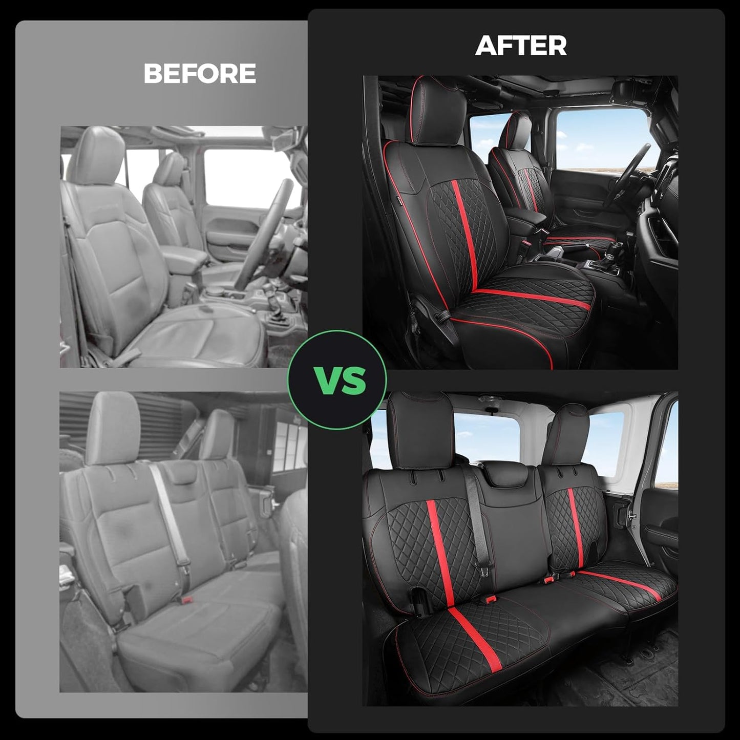 for Jeep Wrangler Seat Covers 4Door JL 2018 2019 2020 2021 2022 2023 2024 2025, Custom Car Seat Cover Full Set, Luxury Waterproof Leather Seat Protectors, Black Red Trim, W/O Rear Cup Holder