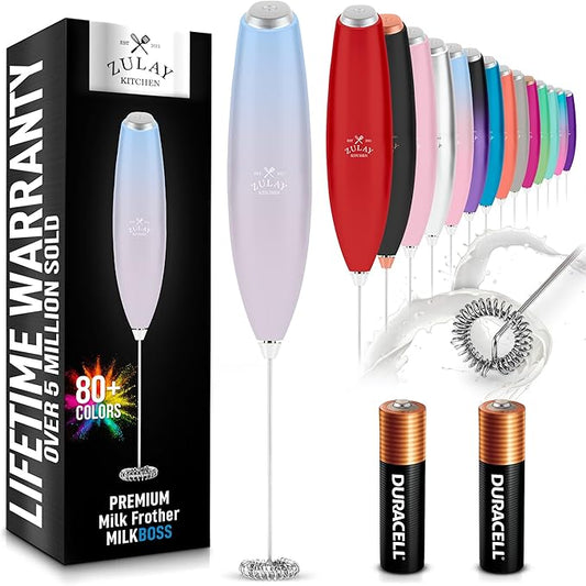 Zulay Kitchen Handheld Milk Frother with Duracell AA Batteries – Ultra Fast Electric Mixer & Foam Maker, Easy-Clean Drink Mixer for Coffee & More